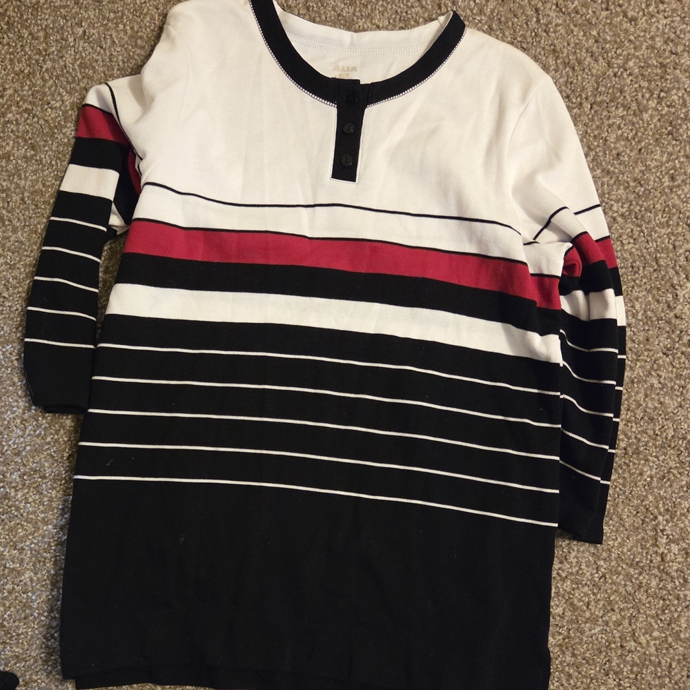 Women's Striped Henley Top - Black, White, and Red
